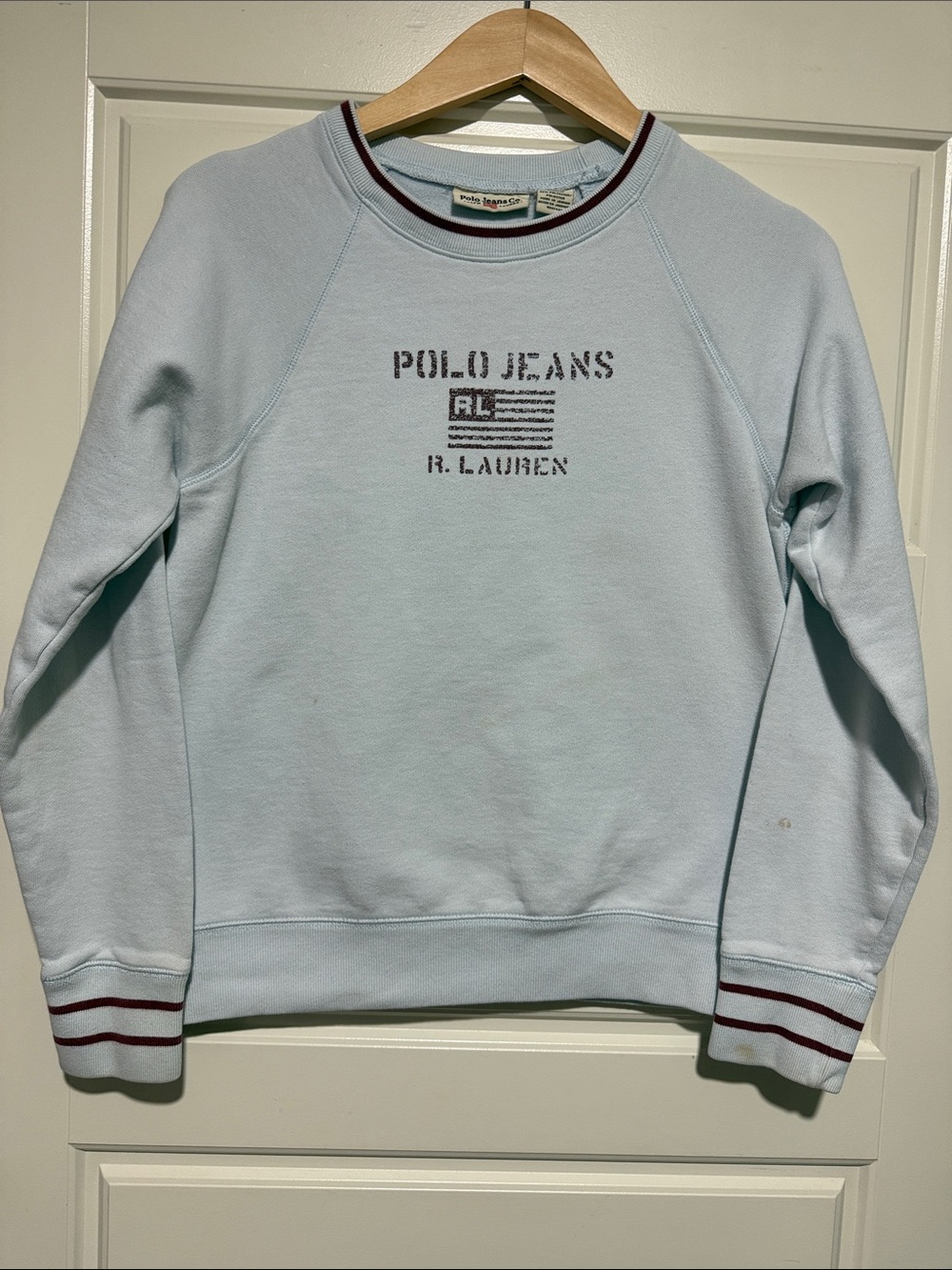 Polo by Ralph Lauren Light Blue Crewneck flag Sweatshirt Stripe Trim vintage
